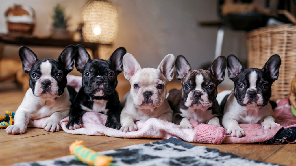 Five Frenchie puppies laying down on blanket