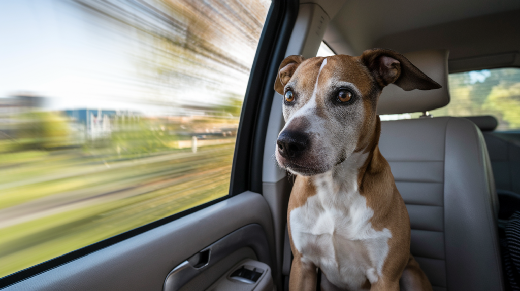 Scared dog in backseat of car